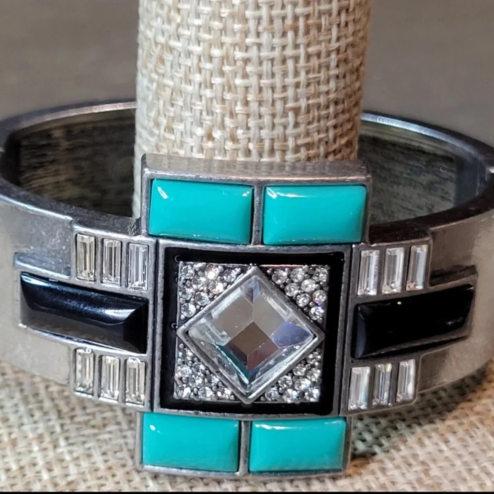 Art Deco Silver Bracelet NYE Party Statement Turquoise Red Carpet Retro NEW